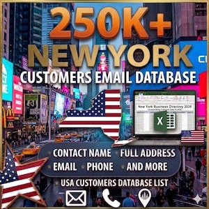 Może przedstawiać: Obraz promocyjny z tekstem "250K+ NEW YORK CUSTOMERS EMAIL DATABASE". Zawiera zarys stanu Nowy Jork z flagą amerykańską, laptop z katalogiem i gwiazdę z flagą.