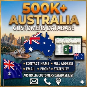 May include: An advertisement for an Australia Customers Database. The image features the text "500K+ AUSTRALIA CUSTOMERS DATABASE" in gold lettering. It includes a map of Australia with the Australian flag, a laptop displaying a directory, and a waving Australian flag.