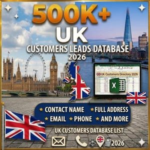 Może przedstawiać: Obraz promocyjny bazy danych potencjalnych klientów z Wielkiej Brytanii. Zawiera tekst "500K+ UK CUSTOMERS LEADS DATABASE 2026". Obraz zawiera flagę Wielkiej Brytanii, mapę Wielkiej Brytanii i laptop z arkuszem kalkulacyjnym. Dodatkowy tekst to "CONTACT NAME, FULL ADDRESS, EMAIL, PHONE, AND MORE".