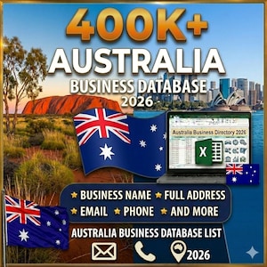 Op de afbeelding: Een advertentie voor een Australische bedrijvendatabase. De afbeelding toont de Australische vlag, een laptop met een directory en de tekst "400K+ AUSTRALIA BUSINESS DATABASE 2026". Extra tekst omvat "BUSINESS NAME, FULL ADDRESS, EMAIL, PHONE, AND MORE".