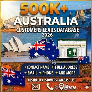 Op de afbeelding: Een promotionele afbeelding voor een Australische database met klantleads. De afbeelding toont de Australische vlag, een kaart van Australië en een laptop met een spreadsheet. Tekst omvat "500K+ AUSTRALIA CUSTOMERS LEADS DATABASE 2026."