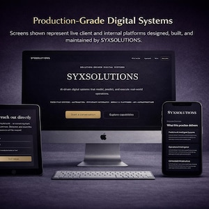 Può includere: Un display di marketing digitale con un computer desktop, un tablet e uno smartphone. Gli schermi mostrano il testo "SYXSOLUTIONS" e "Production-Grade Digital Systems". Lo schema dei colori è scuro con accenti dorati.