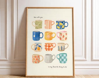 Stampa di tè ad acquerello, arte murale per la cucina, opera d'arte digitale per il tè, decorazione per l'angolo del caffè, decorazione da cucina stampabile, momento rituale mattutino, amicizia