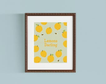 Stampa artistica da parete con limoni, stampa artistica di limoni colorati, illustrazione di limoni adorabili, decorazione in stile cottagecore, download digitale