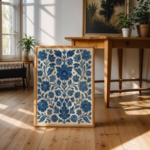 Blue Floral Printable Wall Art Folk Style Scandinavian Design Vintage Botanical Indigo Artwork Digital Download Cottage Decoration Nordic image 7