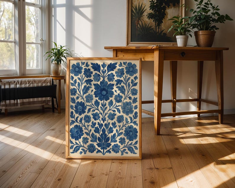 Blue Floral Printable Wall Art Folk Style Scandinavian Design Vintage Botanical Indigo Artwork Digital Download Cottage Decoration Nordic image 7