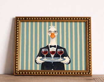 Stampa di animali divertenti, download digitale, arte murale, stile preppy, decorazione da bar, illustrazione di un maggiordomo, design eccentrico, cocktail, blu