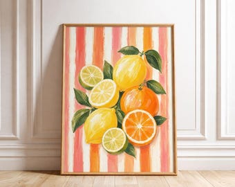 Stampa artistica digitale da parete, download digitale, estate, agrumi, cucina, limone, lime, arancia, stile costiero, casa sulla spiaggia, stampa di frutta mediterranea, colazione