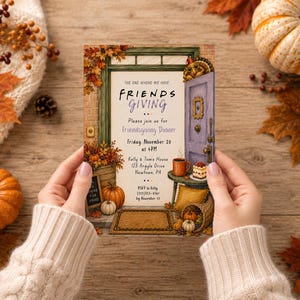 May include: A rectangular Friendsgiving dinner invitation card featuring a purple door, a green door frame, autumn leaves, pumpkins, a turkey, a coffee mug, and a slice of cake. The text reads: The one where we have Friendsgiving, Friday, November 20 at 4PM.