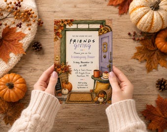 Pacchetto di inviti a tema per il Friendsgiving, modello di invito e menu, invito per la cena del Ringraziamento, download digitale PNG per amici