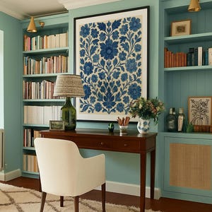 Artistic Floral Pattern Blue Wall Art Printable Scandinavian Design Folk Style Vintage Botanical Artwork Indigo Flower Print Digital Download Home Decoration Nordic Inspired Decor Living Room Bedroom Kitchen Art Gallery Wall Display Cottage