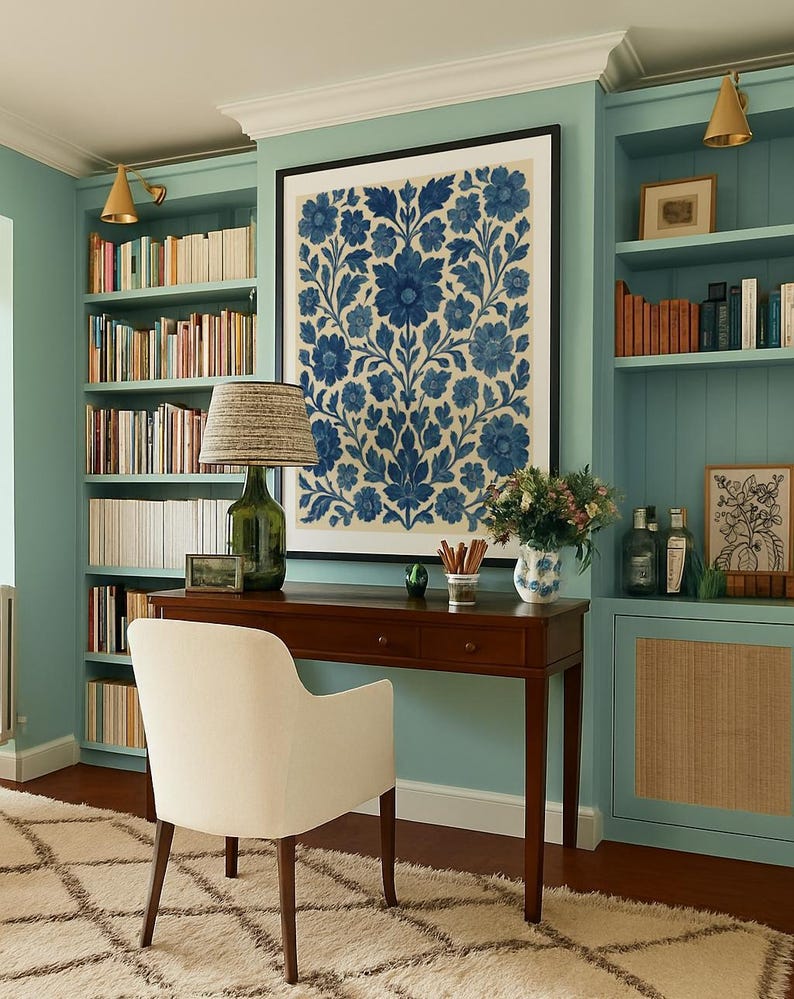 Artistic Floral Pattern Blue Wall Art Printable Scandinavian Design Folk Style Vintage Botanical Artwork Indigo Flower Print Digital Download Home Decoration Nordic Inspired Decor Living Room Bedroom Kitchen Art Gallery Wall Display Cottage