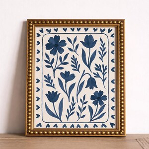Folk Floral Art Printable Wall Print Blue Botanical Illustration Digital Download Artwork Modern Cottage Style Decor Scandinavian Design