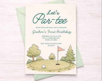 Let's Par-Tee Festa di Golf, Modello di invito di compleanno, Invito per il primo compleanno disegnato a mano, Invito per festa a tema golf