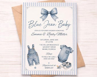 Invito per baby shower a tema jeans blu, invito per baby shower ad acquerello, baby shower neutro, baby shower a tema jeans blu