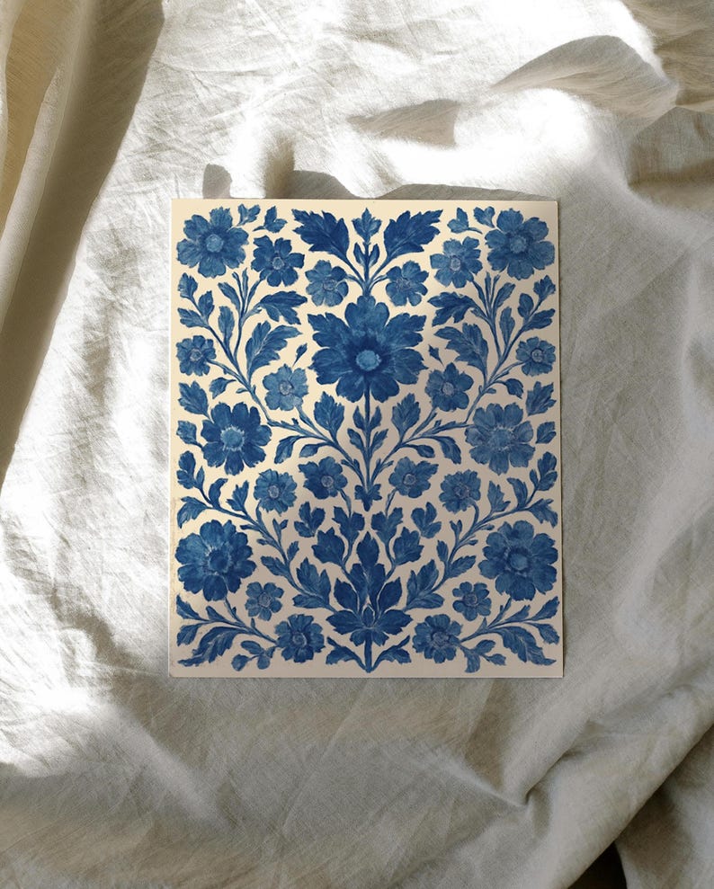 Blue Floral Printable Wall Art Folk Style Scandinavian Design Vintage Botanical Indigo Artwork Digital Download Cottage Decoration Nordic image 9