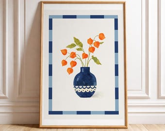 Arte murale stampabile con fiori di lanterna arancione e vaso blu, download digitale di acquerelli botanici, stampa d'arte floreale popolare, arredamento da cucina in stile cottage.