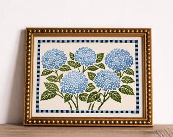 Stampa di ortensia blu, illustrazione botanica, stile vintage, decorazione da parete per cottage, decorazione floreale blu per cucina, camera da letto, scaricabile