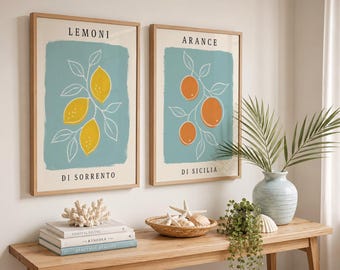 Set di 2 stampe da parete per la cucina: limoni, arance, agrumi italiani, sala da pranzo mediterranea, blu costiero.