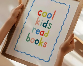 Arte murale per la lettura, download digitale, design stampabile, tipografia moderna, tema del libro, decorazione per l'aula, stampa per bambini, illustrazione colorata