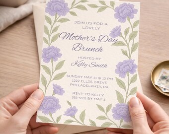 Modello di invito con peonia viola, design digitale, download, floreale, canva, modificabile, doccia, festa della mamma, brunch, carta da regalo, cancelleria per matrimoni, botanico