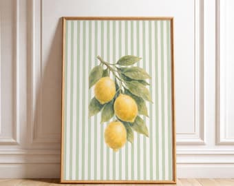 Stampa artistica da parete con limoni su sfondo a strisce, stampa botanica neutra, illustrazione floreale scandinava, arredamento moderno in stile cottage, download digitale.