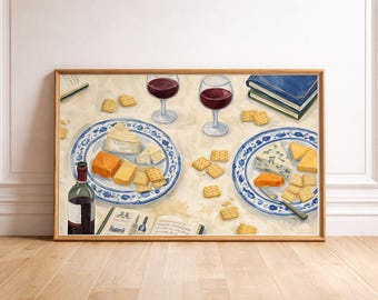 Vino Formaggio Arte Parete Cucina Sala da Pranzo Opera Stampabile Download Digitale Delft Blu Cucina Europea Decorazione Parete Stile Bistrot Arte Popolare Bar
