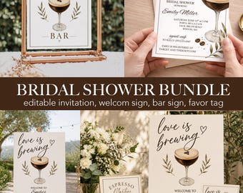 Kit per baby shower "Love is Brewing", invito personalizzabile, cartello di benvenuto, invito per baby shower con espresso martini ad acquerello, etichetta regalo per baby shower