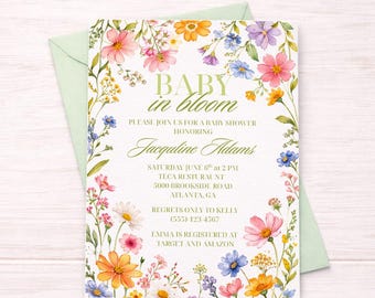 Invito per baby shower a tema "Baby In Bloom", invito per baby shower floreale ad acquerello, baby shower neutro