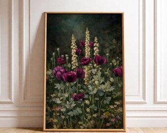 Quadro da parete con campo di fiori selvatici, download digitale, paesaggio botanico vintage, decorazione floreale suggestiva, arte moderna in stile rustico.