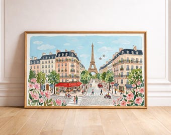 Whimsical Paris Art Print Digital Download Poster Eiffel Tower Wall Decoration Nursery Room Decor Idea French Cafe Watercolor Illustration