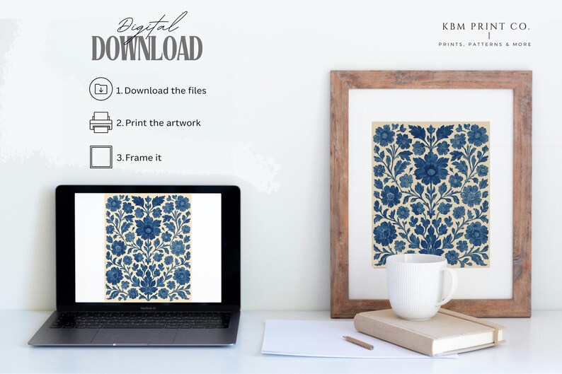 Blue Floral Printable Wall Art Folk Style Scandinavian Design Vintage Botanical Indigo Artwork Digital Download Cottage Decoration Nordic image 14