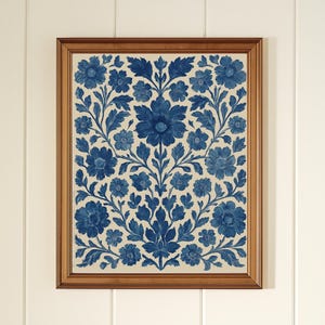Digital Download Wall Art Blue Floral Design Printable Home Decoration Scandinavian Folk Style Vintage Botanical Pattern Indigo Artwork Nordic Flower Print Living Room Bedroom Kitchen Decor Gallery Wall Display Cottage Style Decoration