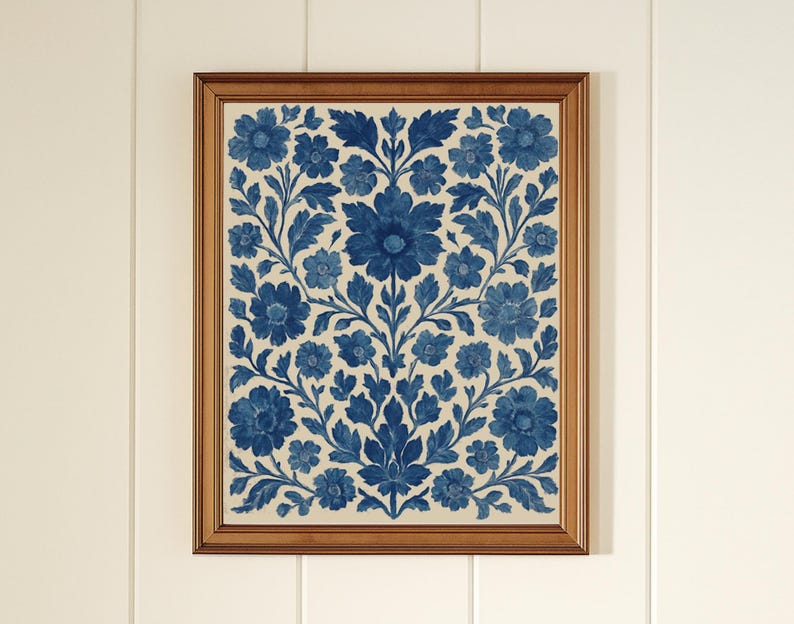 Digital Download Wall Art Blue Floral Design Printable Home Decoration Scandinavian Folk Style Vintage Botanical Pattern Indigo Artwork Nordic Flower Print Living Room Bedroom Kitchen Decor Gallery Wall Display Cottage Style Decoration