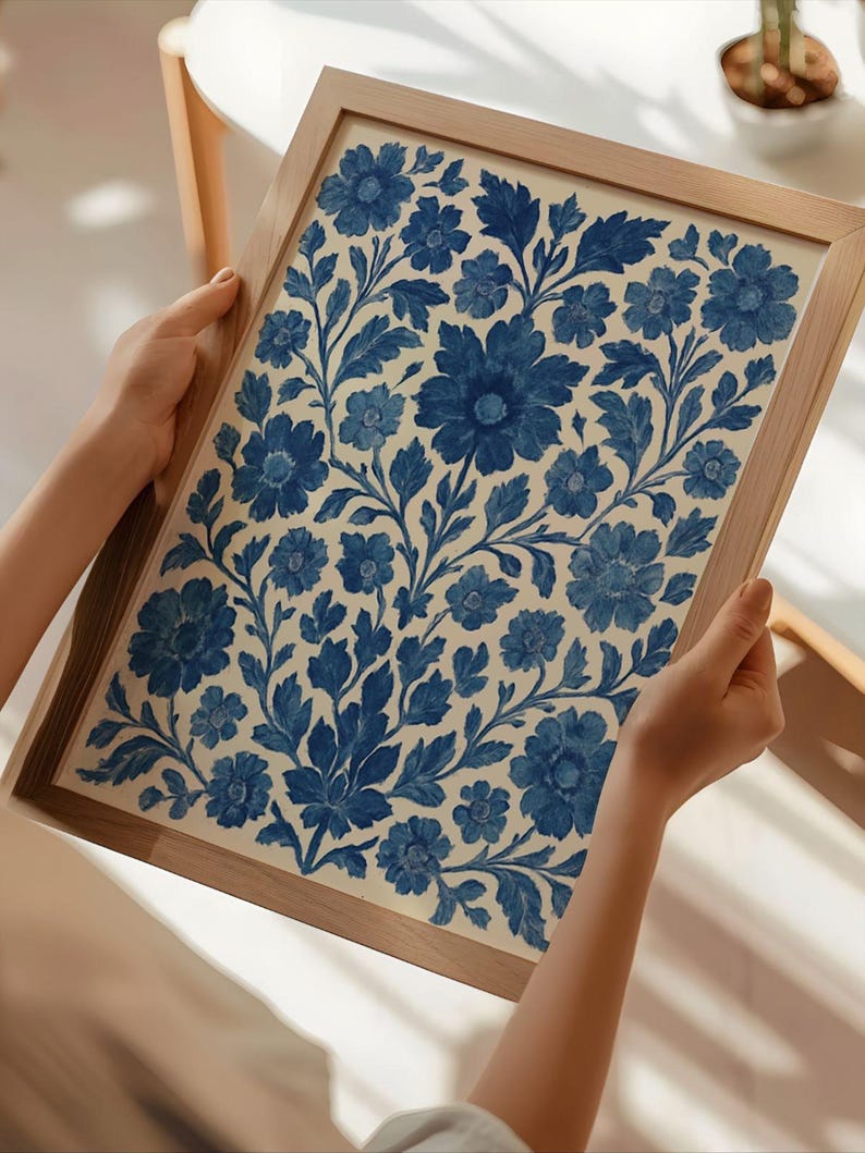 Blue Floral Printable Wall Art Folk Style Scandinavian Design Vintage Botanical Indigo Artwork Digital Download Cottage Decoration Nordic image 10