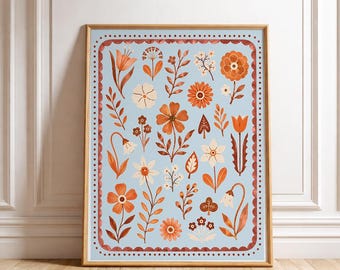 Stampa artistica murale moderna con motivi floreali folk, botanica rossa e blu, illustrazione floreale scandinava, arredamento moderno in stile cottage, download digitale.