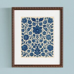 Blue Floral Wall Art Printable Digital Download Artwork Scandinavian Design Folk Style Vintage Botanical Pattern Indigo Flower Print Home Decoration Living Room Bedroom Kitchen Decor Gallery Wall Art Nordic Inspired Artwork Cottage Style