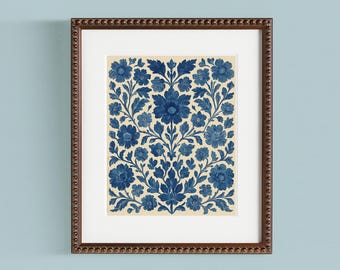 Decorazione murale stampabile floreale blu in stile folk scandinavo, design vintage botanico indaco, download digitale, decorazione cottage nordica