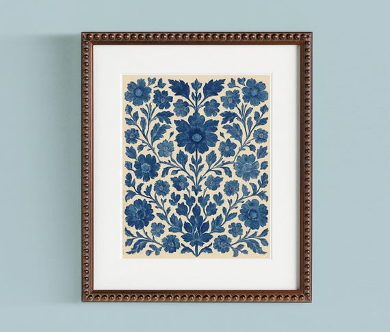 Blue Floral Printable Wall Art Folk Style Scandinavian Design Vintage Botanical Indigo Artwork Digital Download Cottage Decoration Nordic