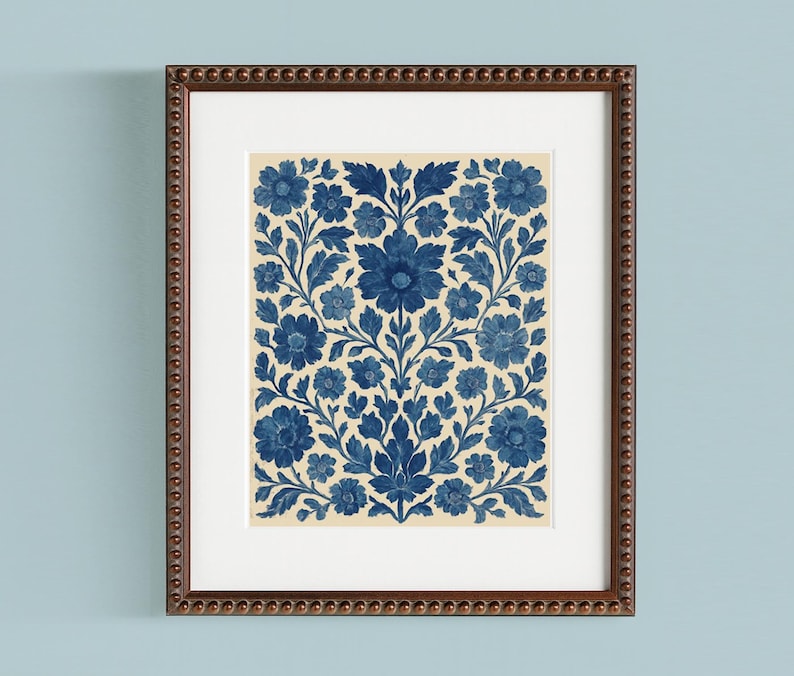 Blue Floral Wall Art Printable Digital Download Artwork Scandinavian Design Folk Style Vintage Botanical Pattern Indigo Flower Print Home Decoration Living Room Bedroom Kitchen Decor Gallery Wall Art Nordic Inspired Artwork Cottage Style