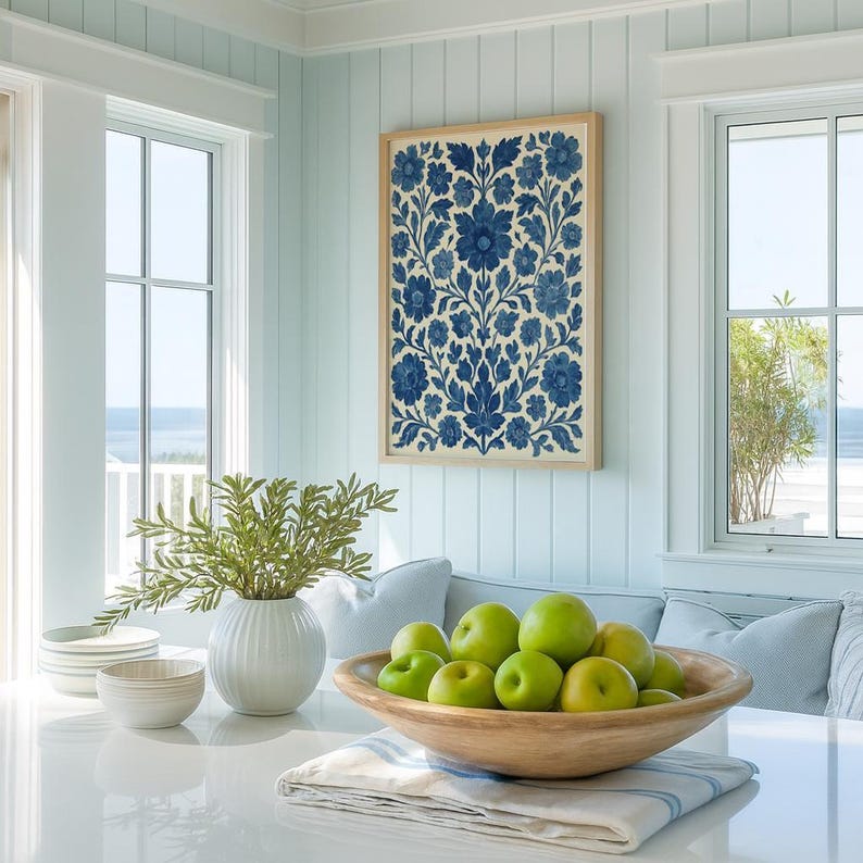 Scandinavian Folk Art Blue Floral Printable Wall Decor Vintage Botanical Design Nordic Style Artwork Indigo Flower Pattern Digital Download Art Home Decoration Cottage Style Print Gallery Wall Display Living Room Bedroom Kitchen Art Elegant