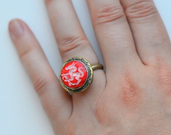 Vintage Red Intaglio Ring: Afghani Tribal Horse Ring