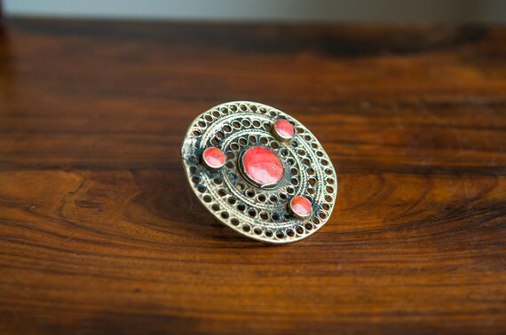 Vintage Kuchi Two Finger Ring: Red Stone Tribal S… - image 1