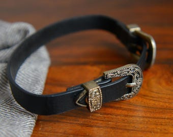 Czarny skórzany choker vintage z podwójną klamrą, boho, westernowy, skórzany choker, gotycki, skórzany choker, tribal, fusion, czarny skórzany choker vintage, XS
