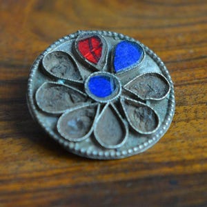 Vintage Enamel Tribal Button Distressed Ethnic Metal Button Tribal Belly Dance Costume Kuchi Handmade Ethnic Floral Button Ethnic Pin Blue