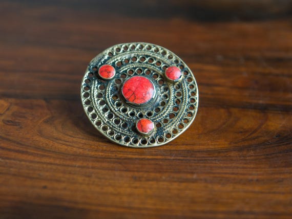 Vintage Kuchi Two Finger Ring: Red Stone Tribal S… - image 3
