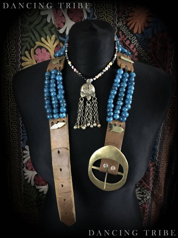 60s Vintage Leather Belt Blue Festival Belt Tribal