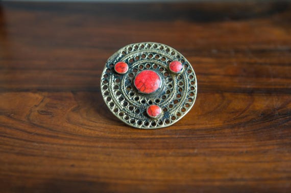 Vintage Kuchi Two Finger Ring: Red Stone Tribal S… - image 4