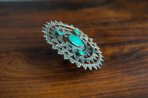 Vintage Kuchi Double Finger Ring: Tribal Green St… - image 2