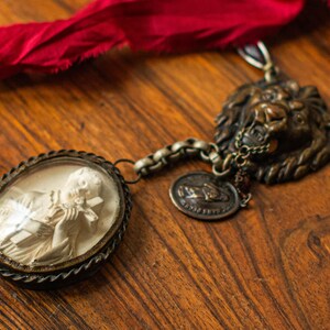 French Antique Meerschaum Pendant Lion Head and Red Ribbon Assemblage Statement Jewelry Large Gothic Chain Necklace Devotion Necklace Red